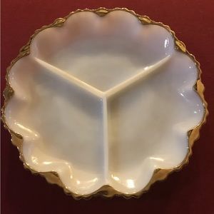 Anchor Hocking Fire King White Milk Glass Relish Dish  Scallop Edges Divided 10”